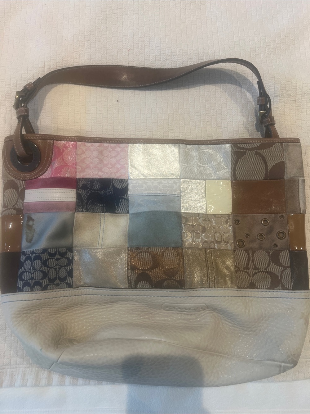 Coach Patchwork Shoulder Hobo in Pink, Brown, Cream & Blue Accents